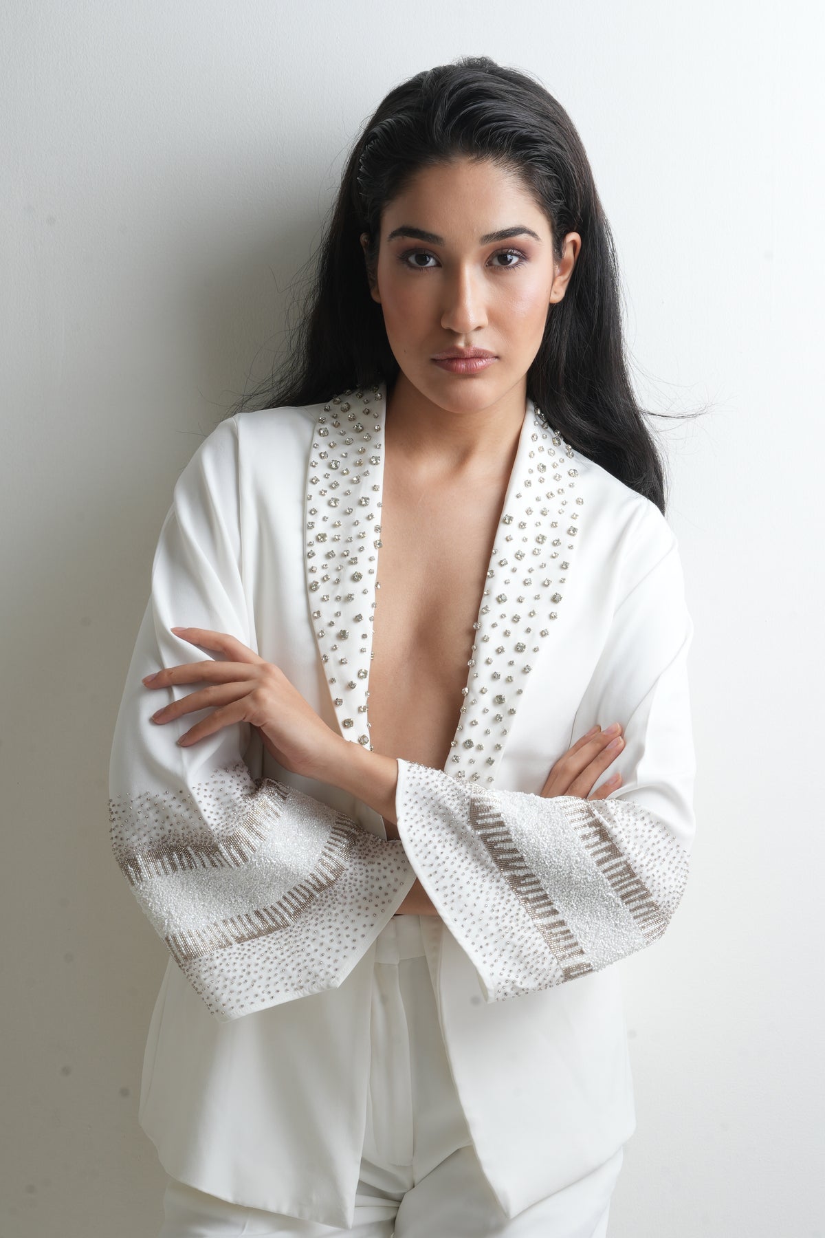 ivory embroidered draped jacket set