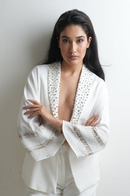 ivory embroidered draped jacket set
