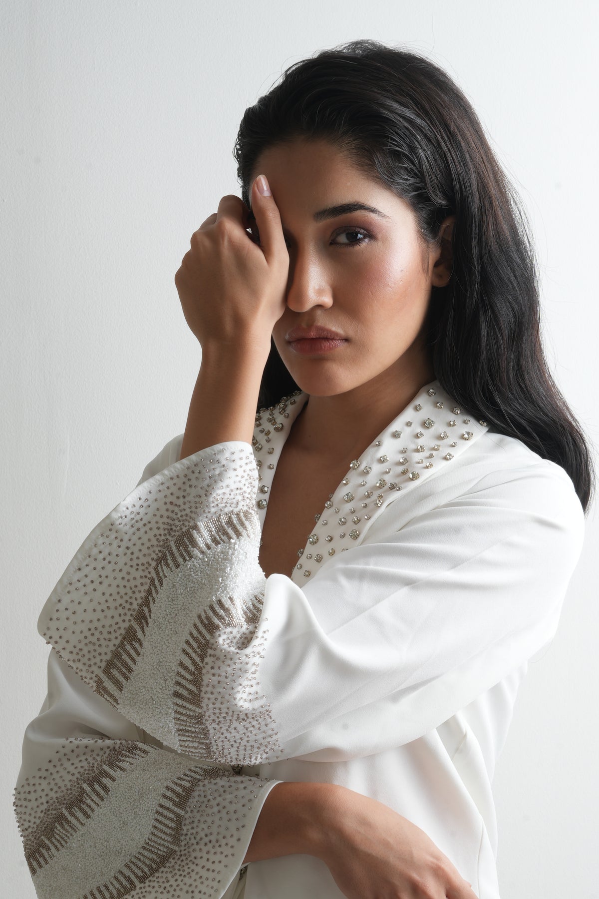 ivory embroidered draped jacket set